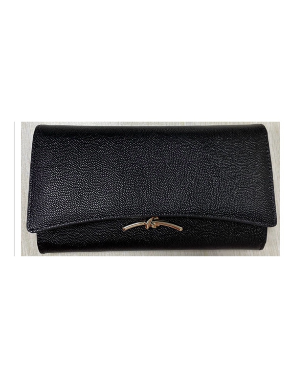 NEW Black Italian Caviar Leather Clutch with Gold Knot Accent
